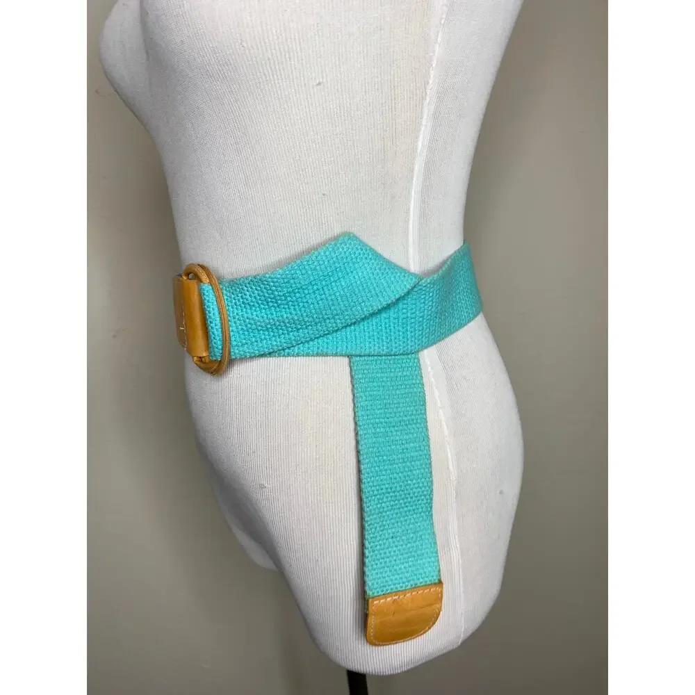 Vintage 70s Aqua Twill Wide Belt Light Tan Leather Hang Ten